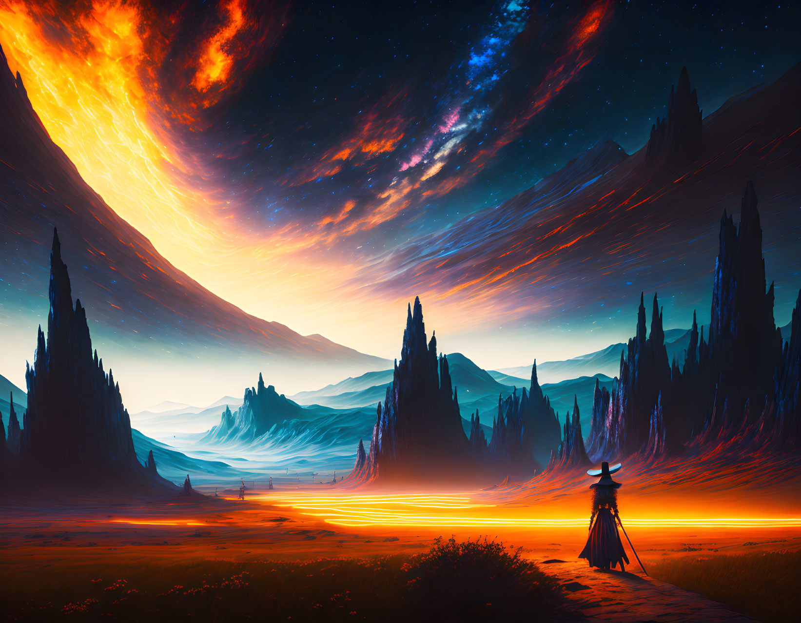 Figure in vibrant landscape with fiery skies and cosmic event above serene mountains