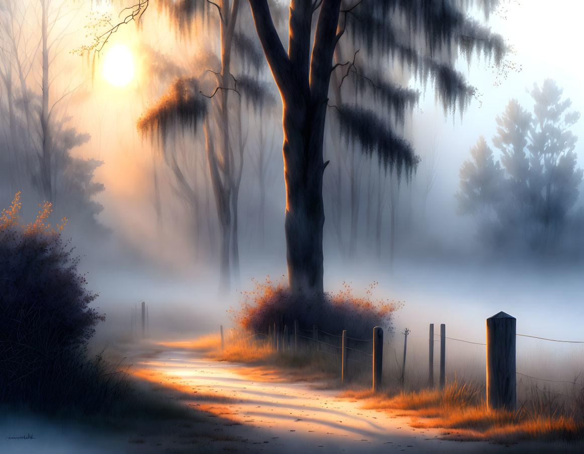 Tranquil dawn landscape with misty forest, sunlit path, imposing tree, and wooden fence