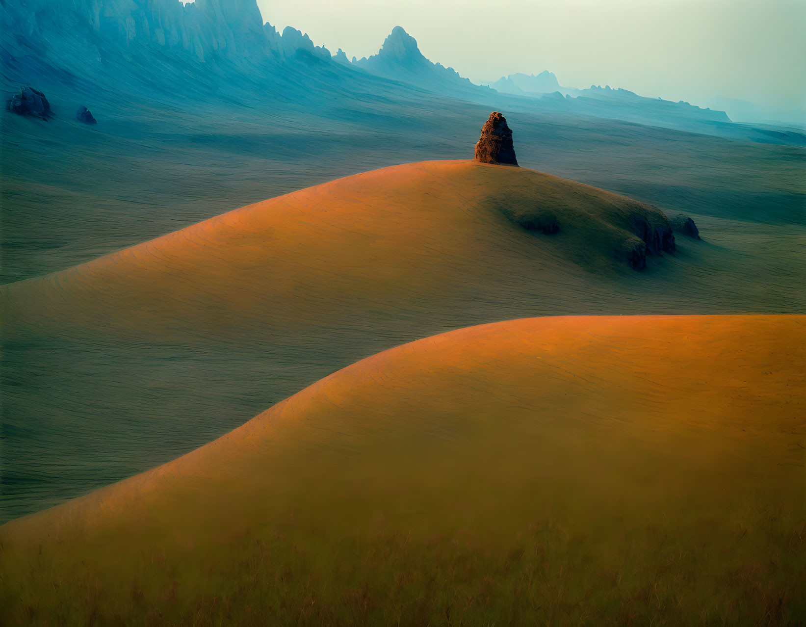 Golden sunlit rolling hills framed by blue mountains and hazy sky