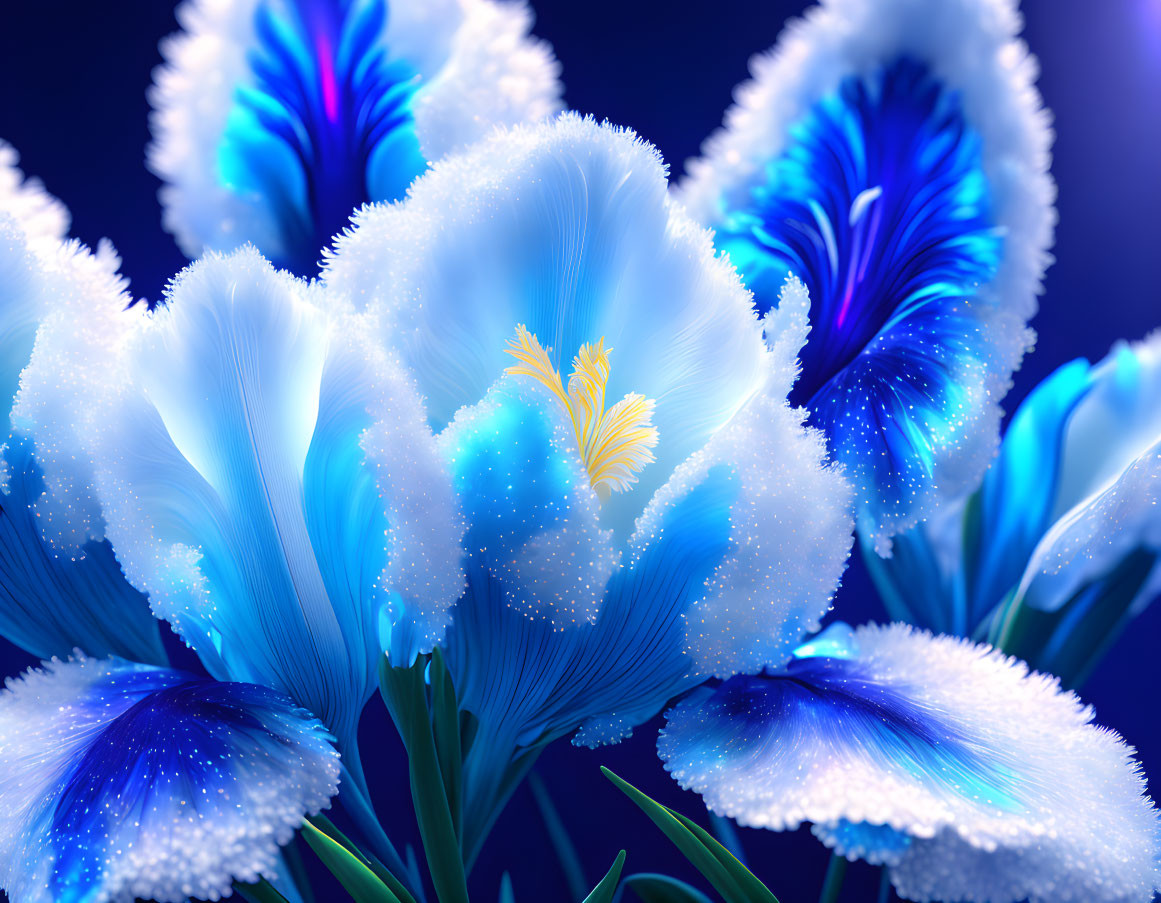 Vivid Blue and White Flowers with Frost-Like Edges on Dark Blue Background