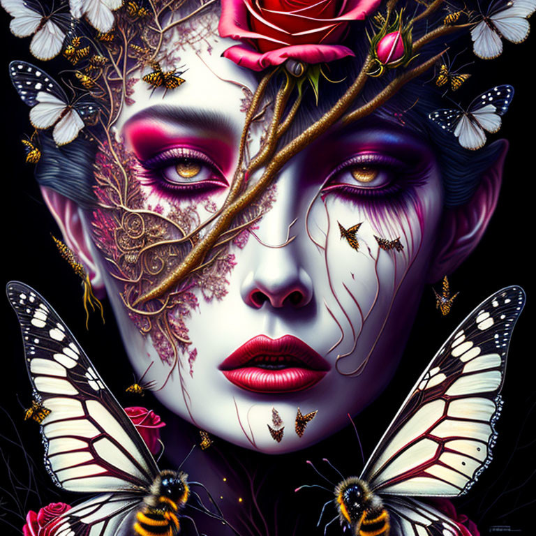 Woman's face with floral and butterfly motifs: Surreal makeup and mysterious aura