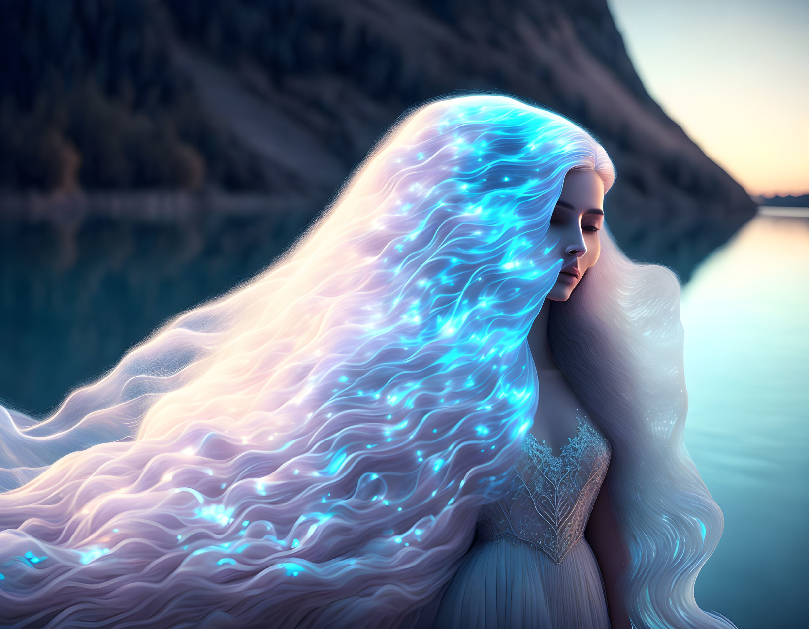 Mystical woman with glowing blue hair by calm lake at twilight