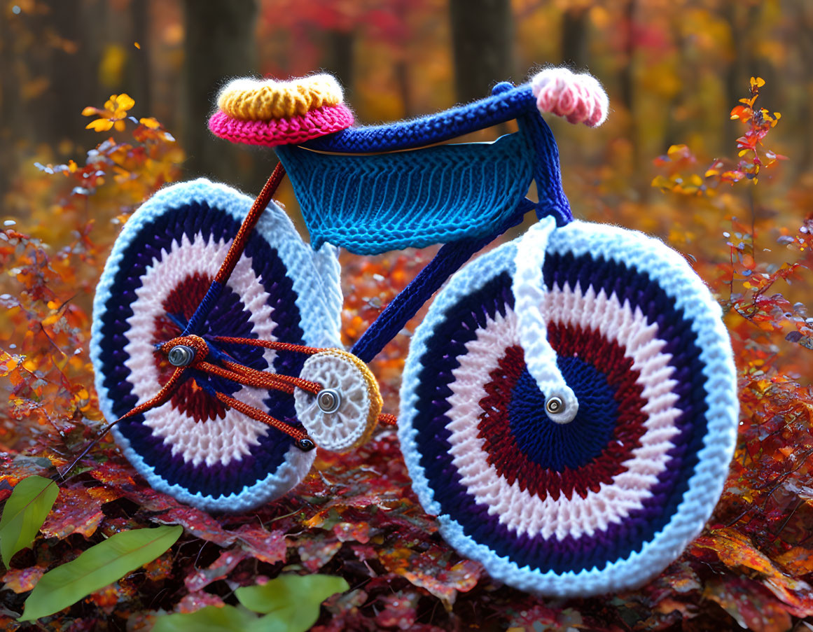 Colorful Yarn-Crafted Model Bike on Autumn Leaf Background