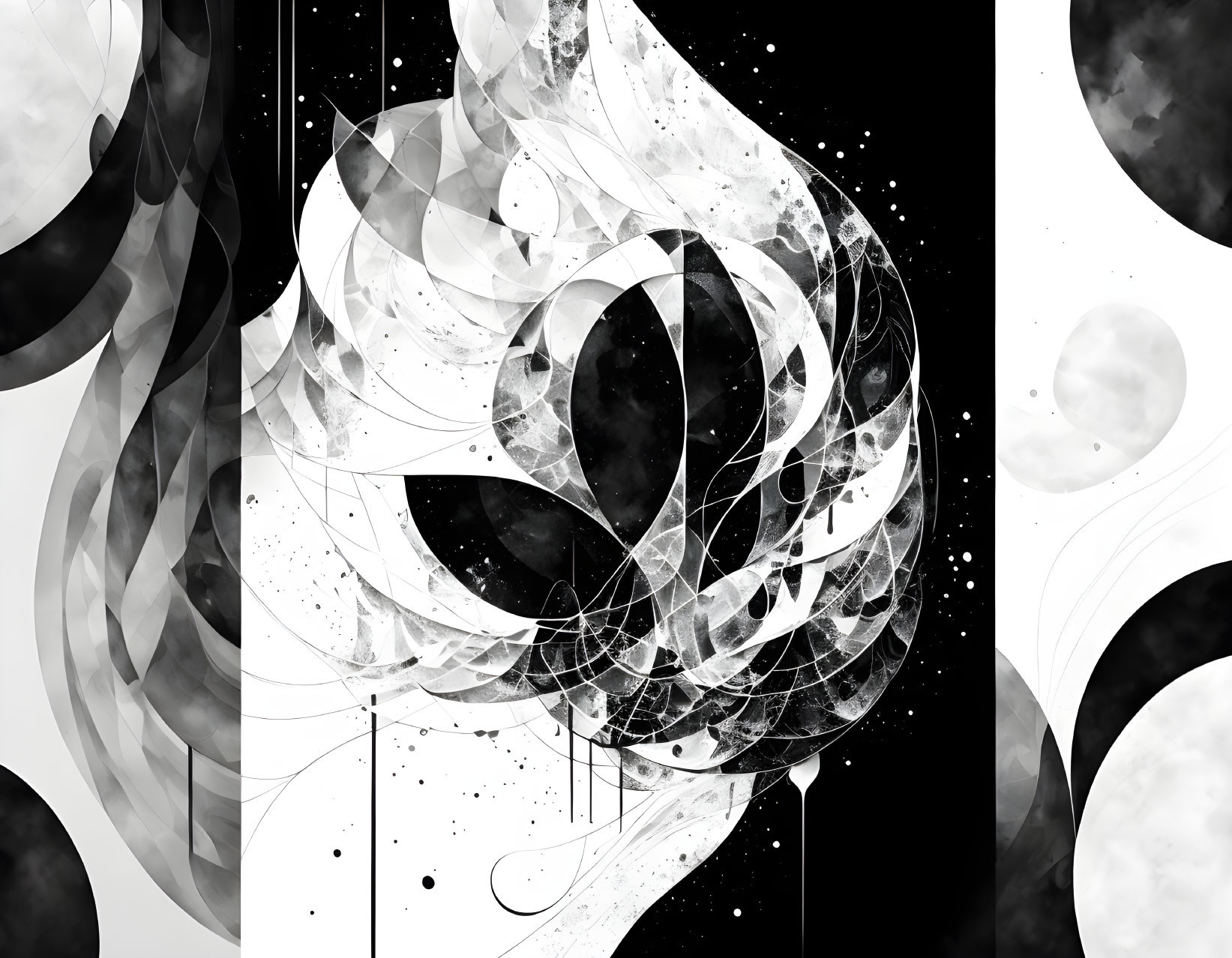 Monochrome abstract art: swirling patterns, geometric shapes, dotted lines, gradient circles