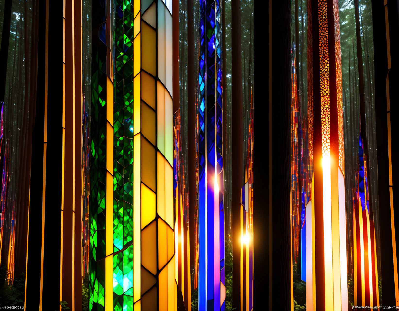 Vibrant glass panels light up dark forest scene