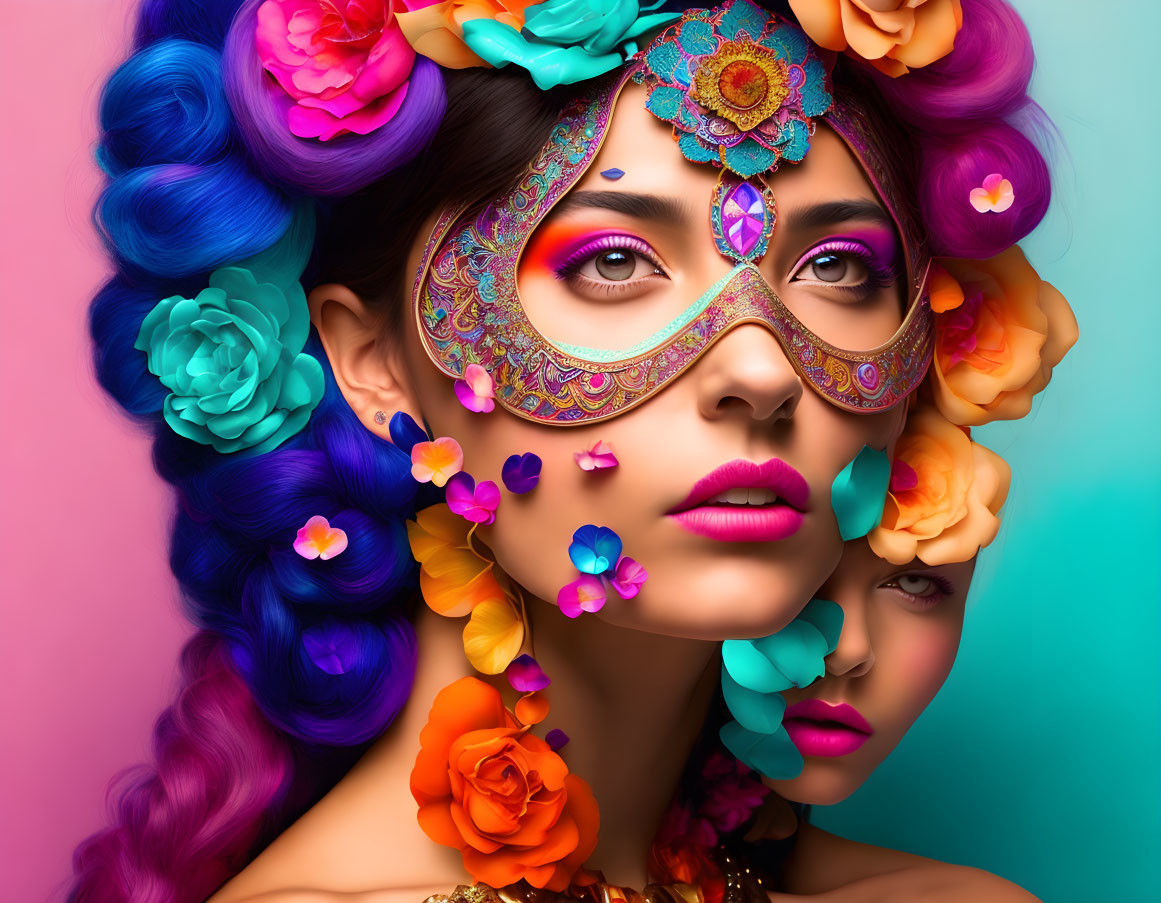 Colorful Mask Portrait of Woman with Floral Patterns and Jewels