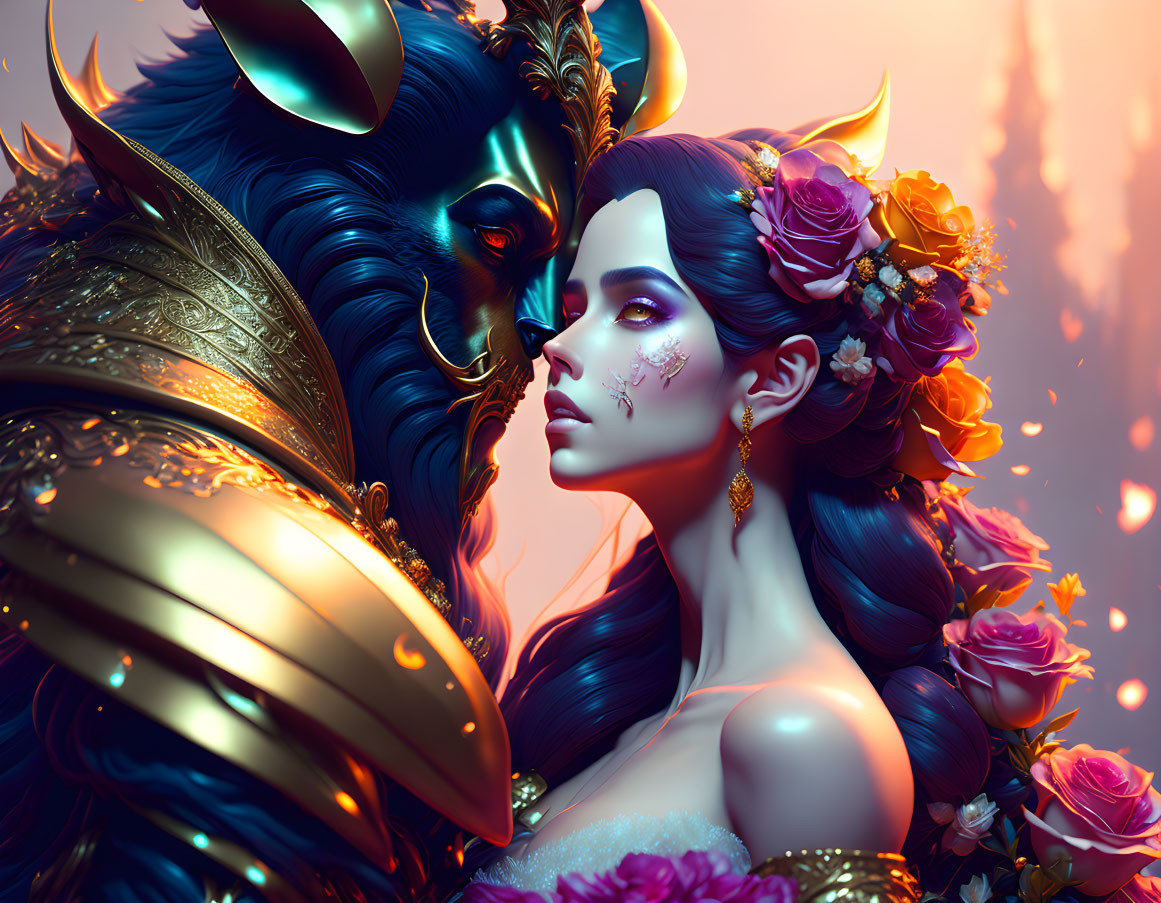 Woman with floral adornments meets mythical wolf in dreamy setting