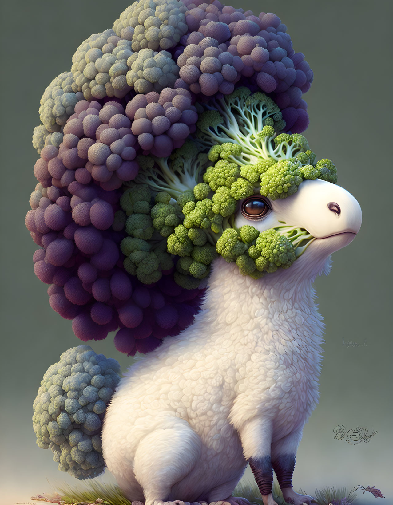 Creature illustration: llama body, broccoli ears, colorful bushy mane