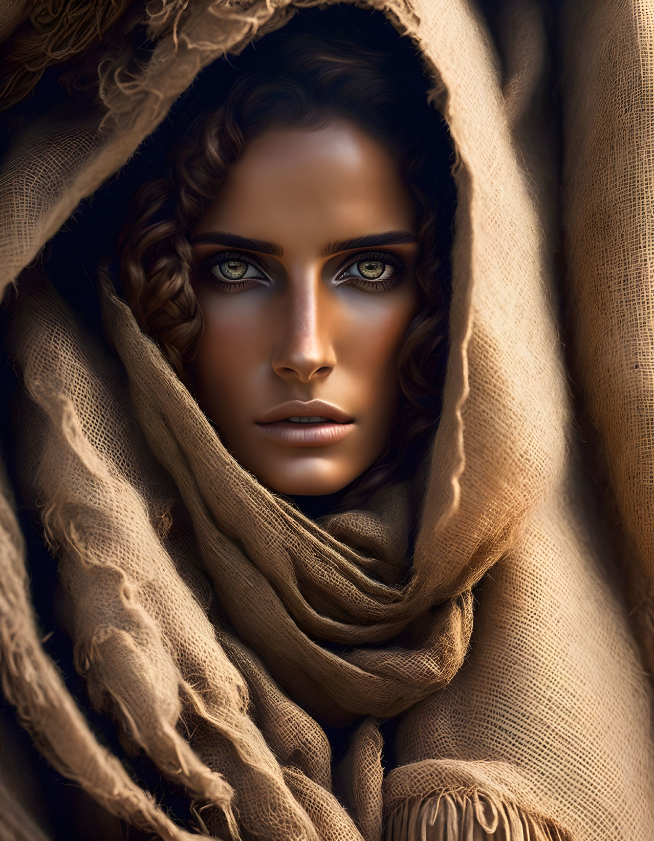 Portrait of a person with blue eyes and curly hair in a textured shawl