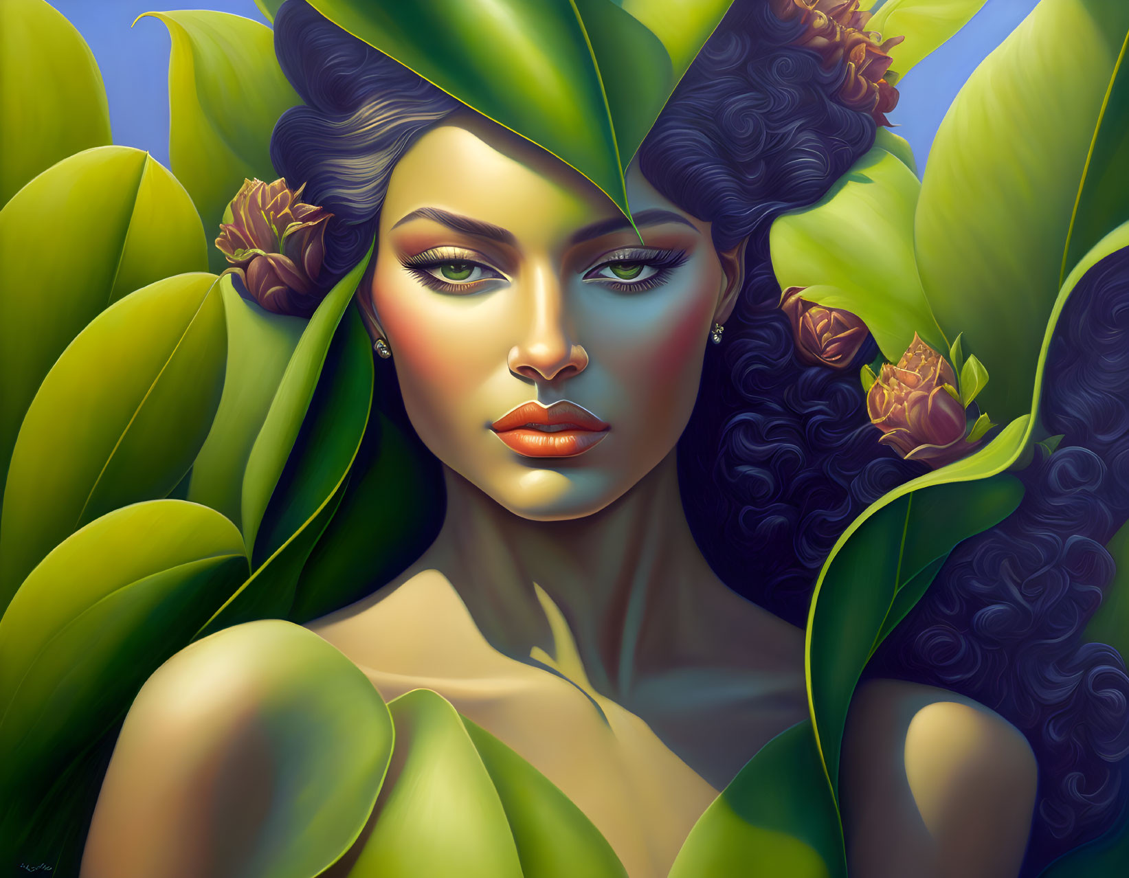 Nature-inspired digital painting: Woman with flowers in hair and green leaf frame