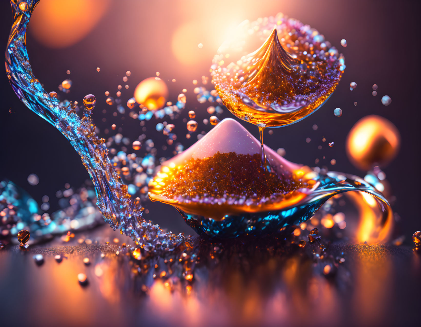 Colorful water droplets in motion around a spoon on dark background