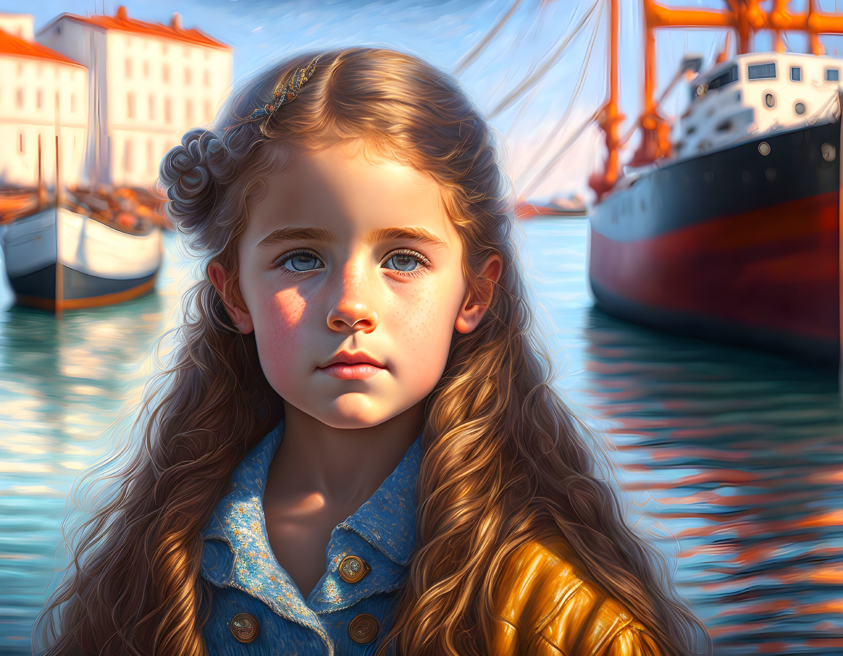 Digital artwork: Young girl with long, curly hair in blue denim attire, set against vibrant harbor scene