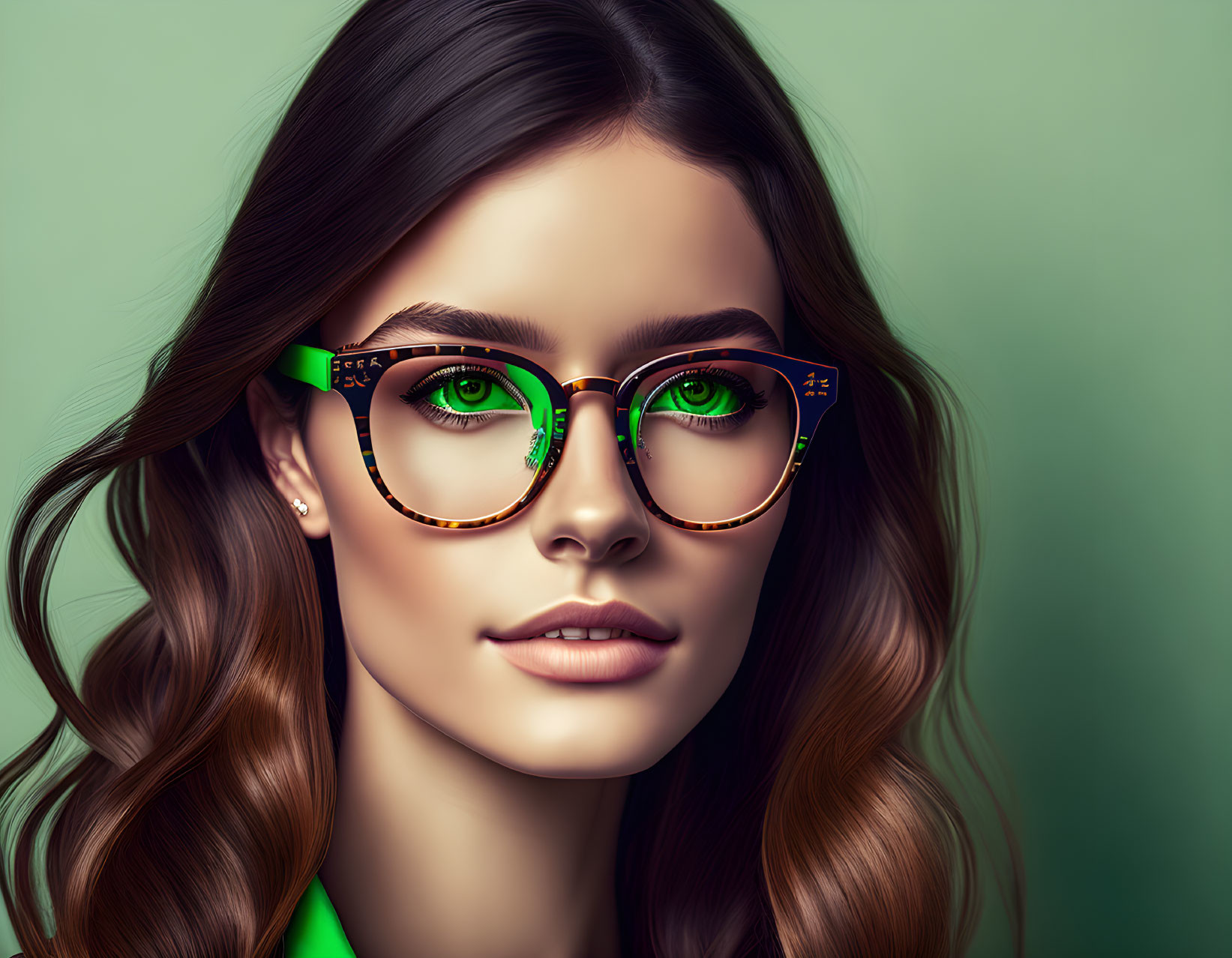 Portrait of woman with green eyes, glasses, and brown hair on green background