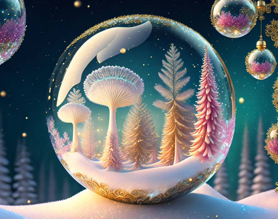 Transparent sphere winter scene with white whale, pink trees, and starry night background