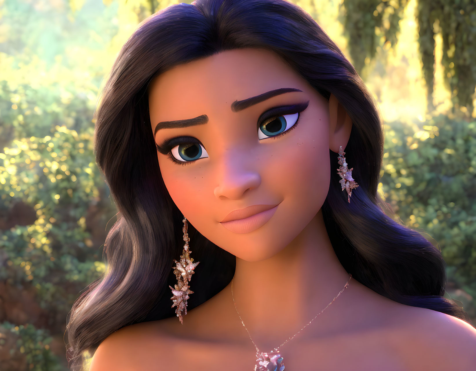 Dark-haired animated character with expressive eyes and earrings in forest setting