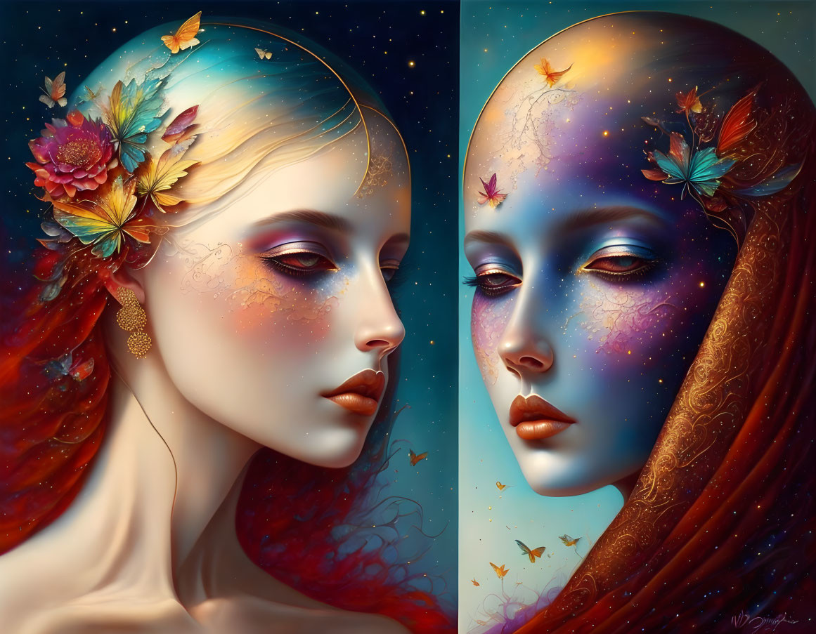 Stylized female faces: autumn and cosmos themes