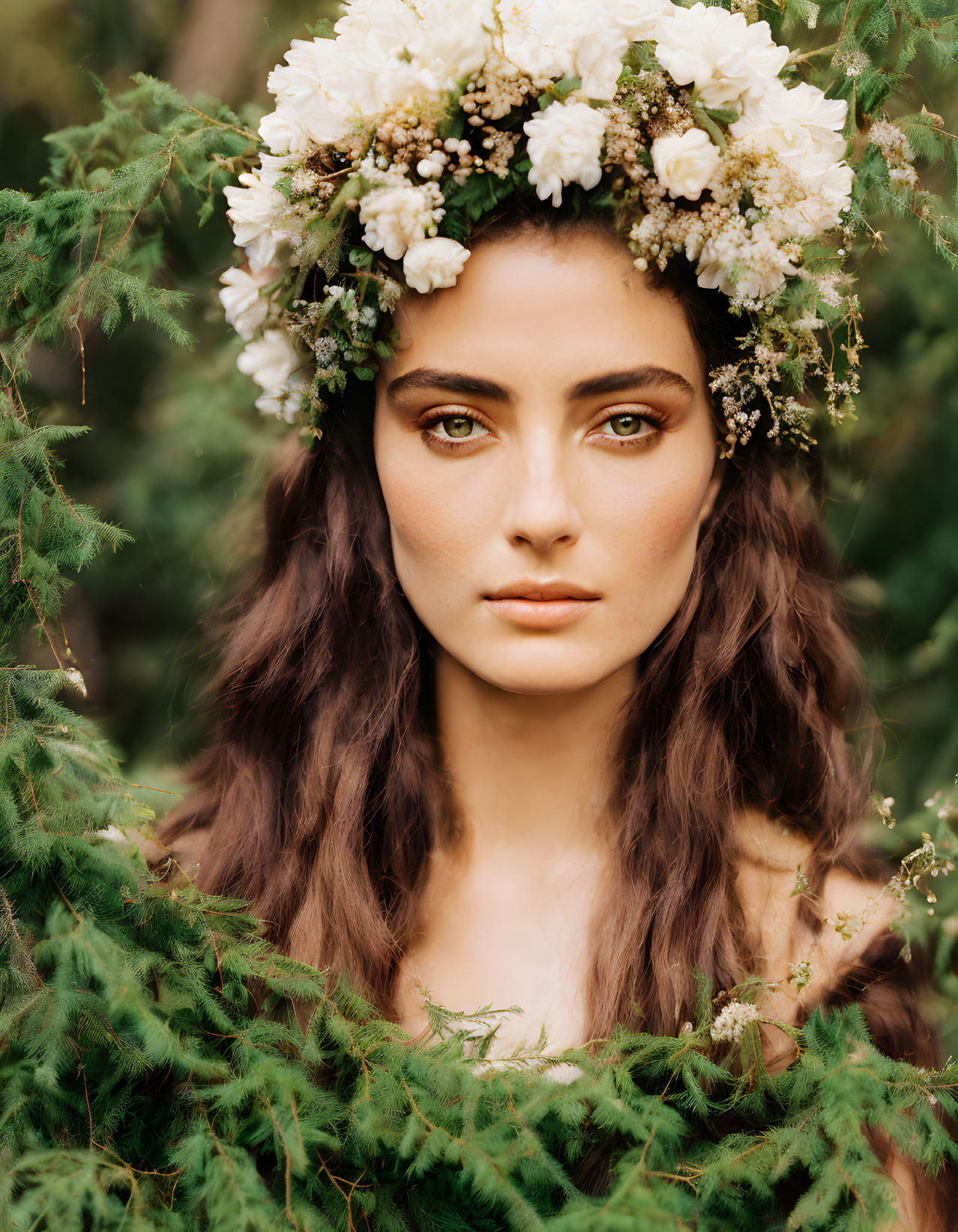 Woman wearing floral crown among lush greenery