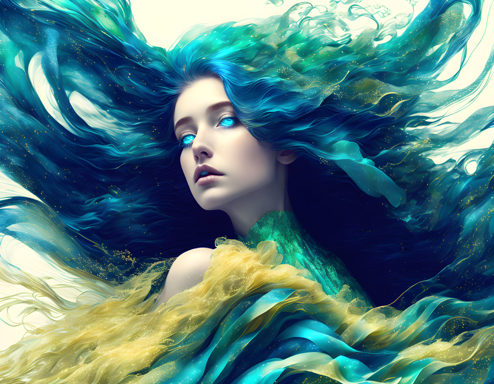 Fantasy Artwork: Woman with Blue Hair and Eyes on White Background