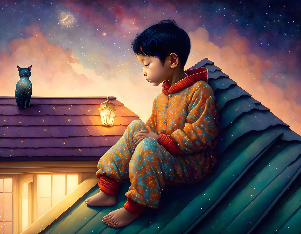 Child in pajamas with lantern and owl on rooftop at twilight