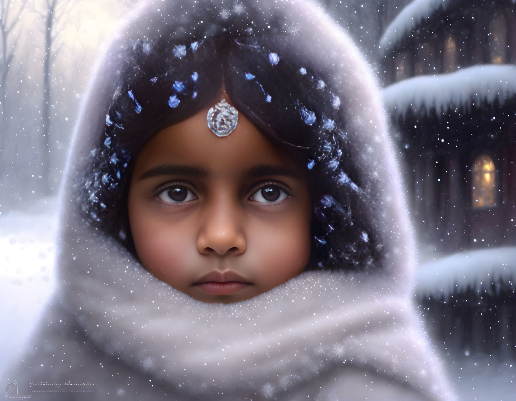 Young Girl in White Shawl with Snowflakes and Sparkling Headpiece in Snowy Scene