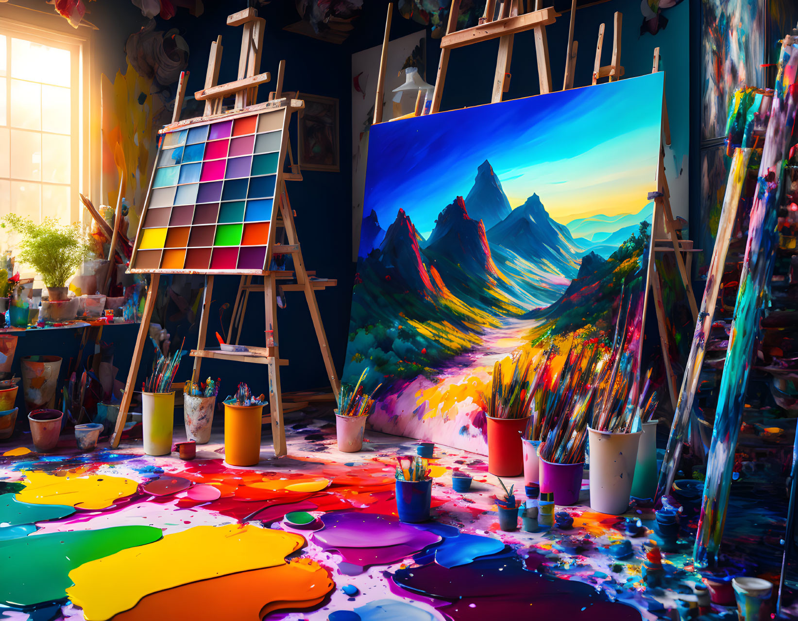 Colorful Landscape Painting in Vibrant Artist's Studio