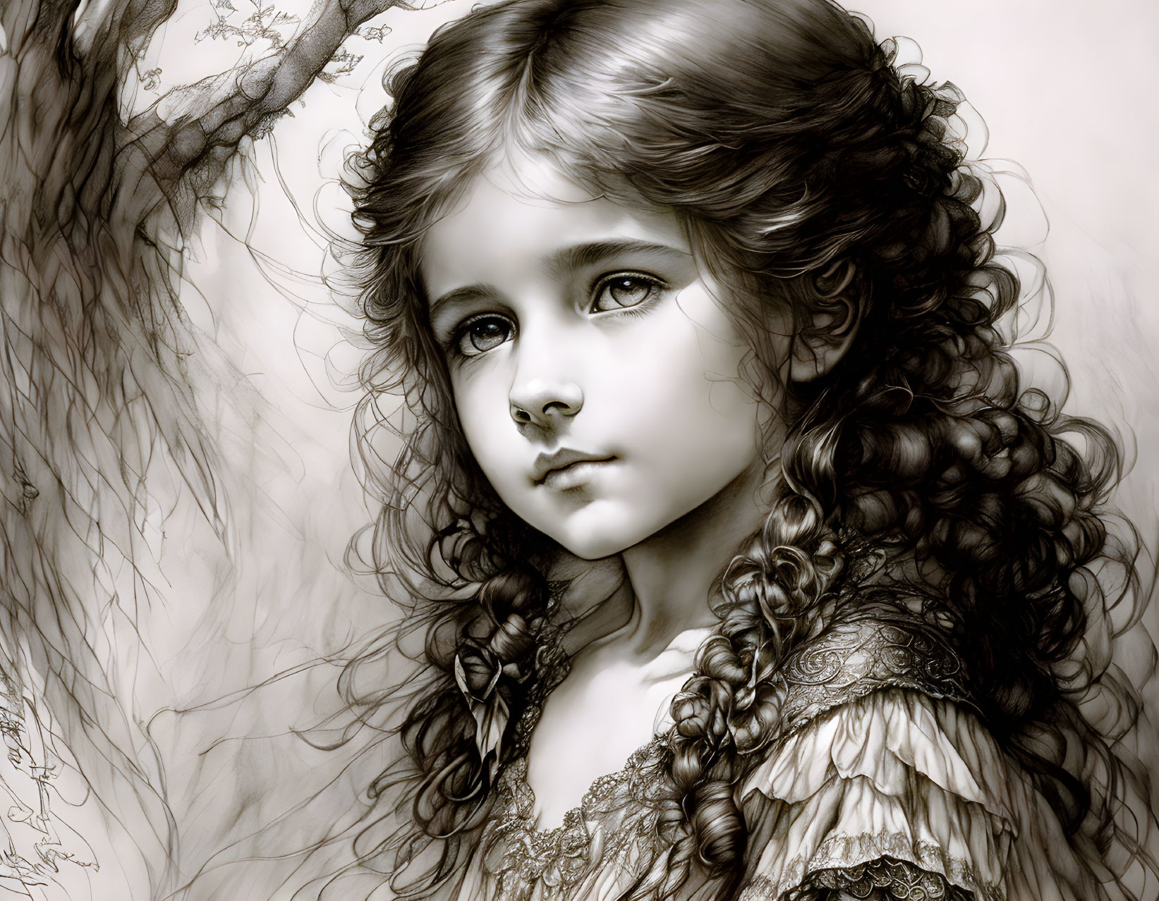 Detailed monochrome sketch: young girl with curly hair, serene expression, intricate shading, nature backdrop.