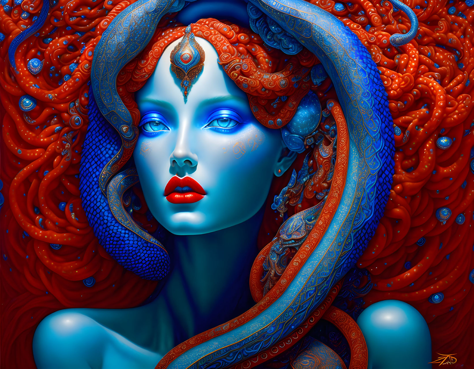 Detailed digital artwork of blue-skinned female figure with intricate red hair and forehead jewel