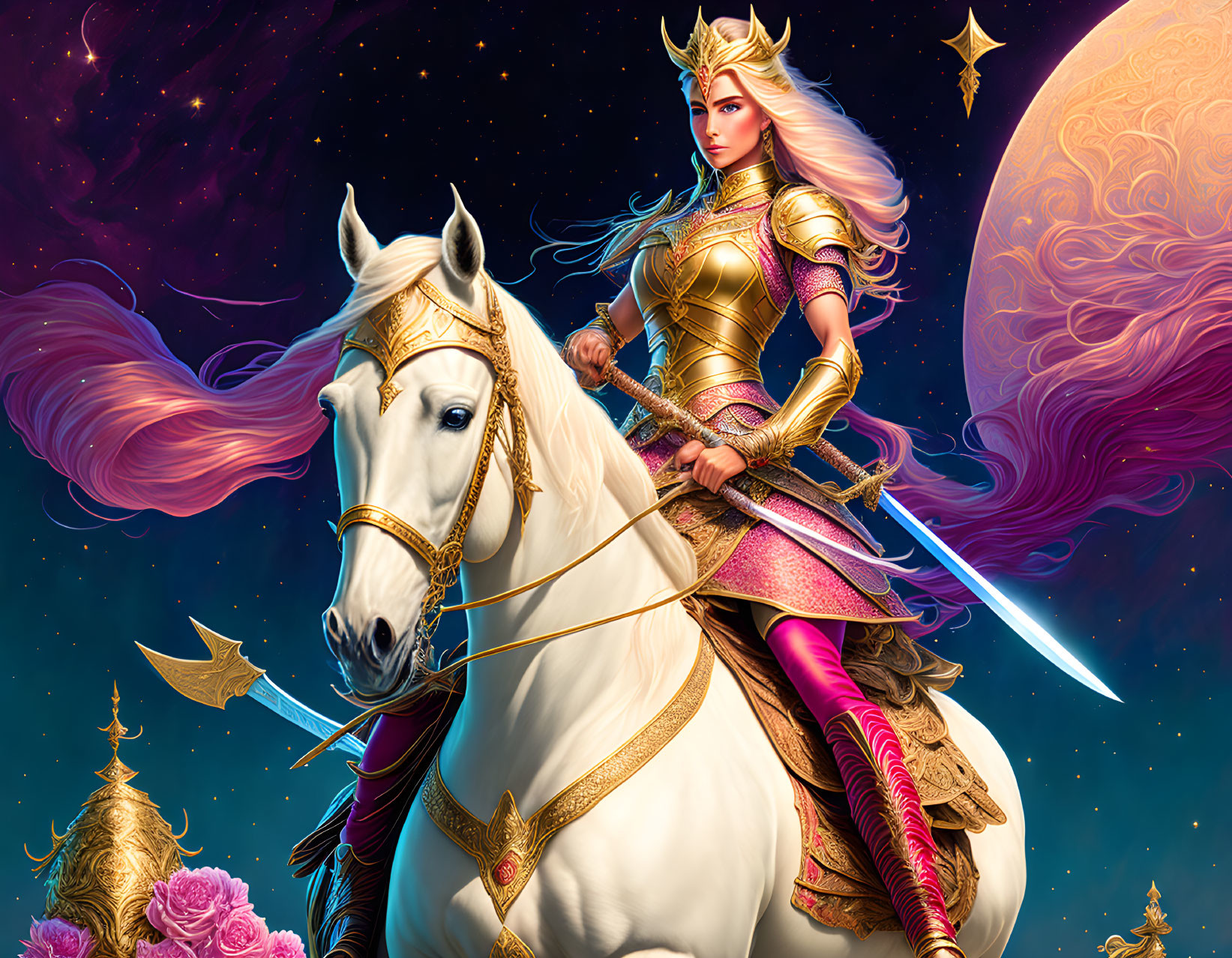 Female warrior in ornate armor on white horse under cosmic sky