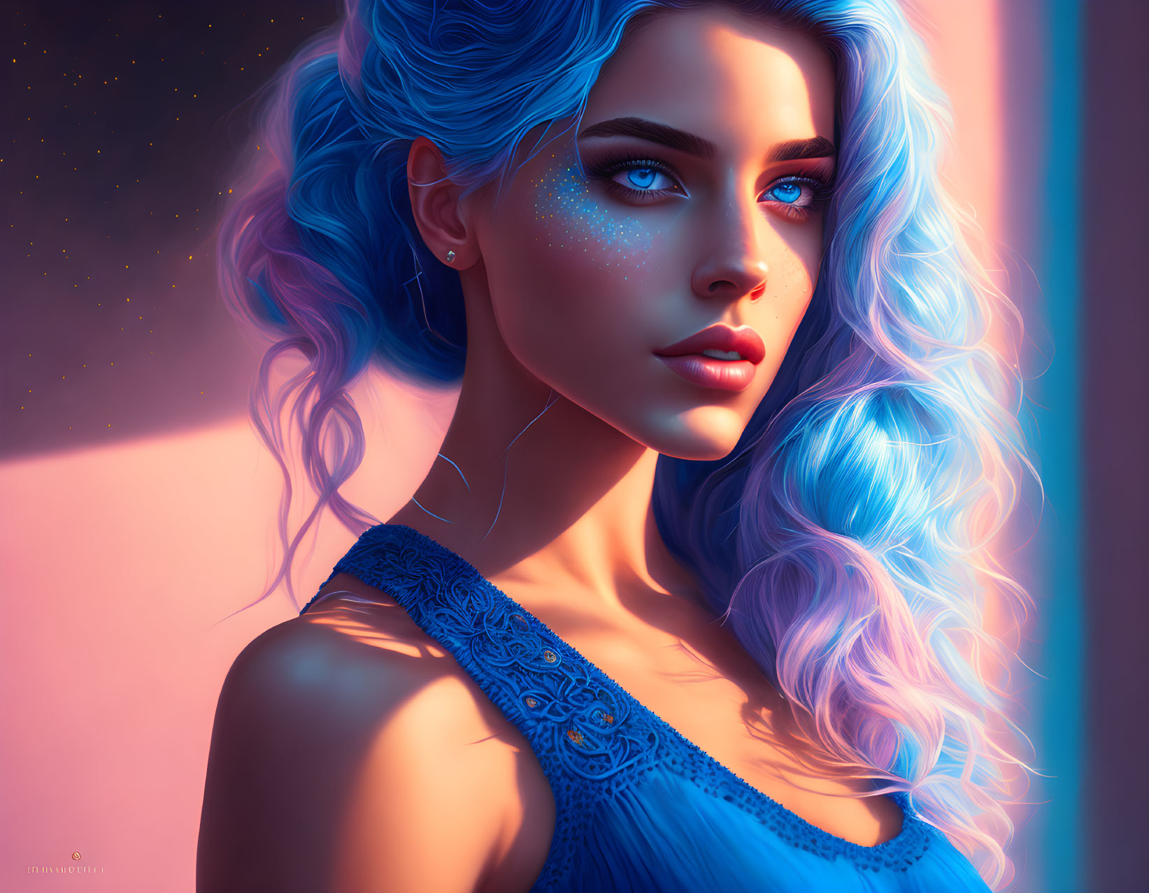 Vibrant blue hair and eyes in digital artwork with neon glow and lace top