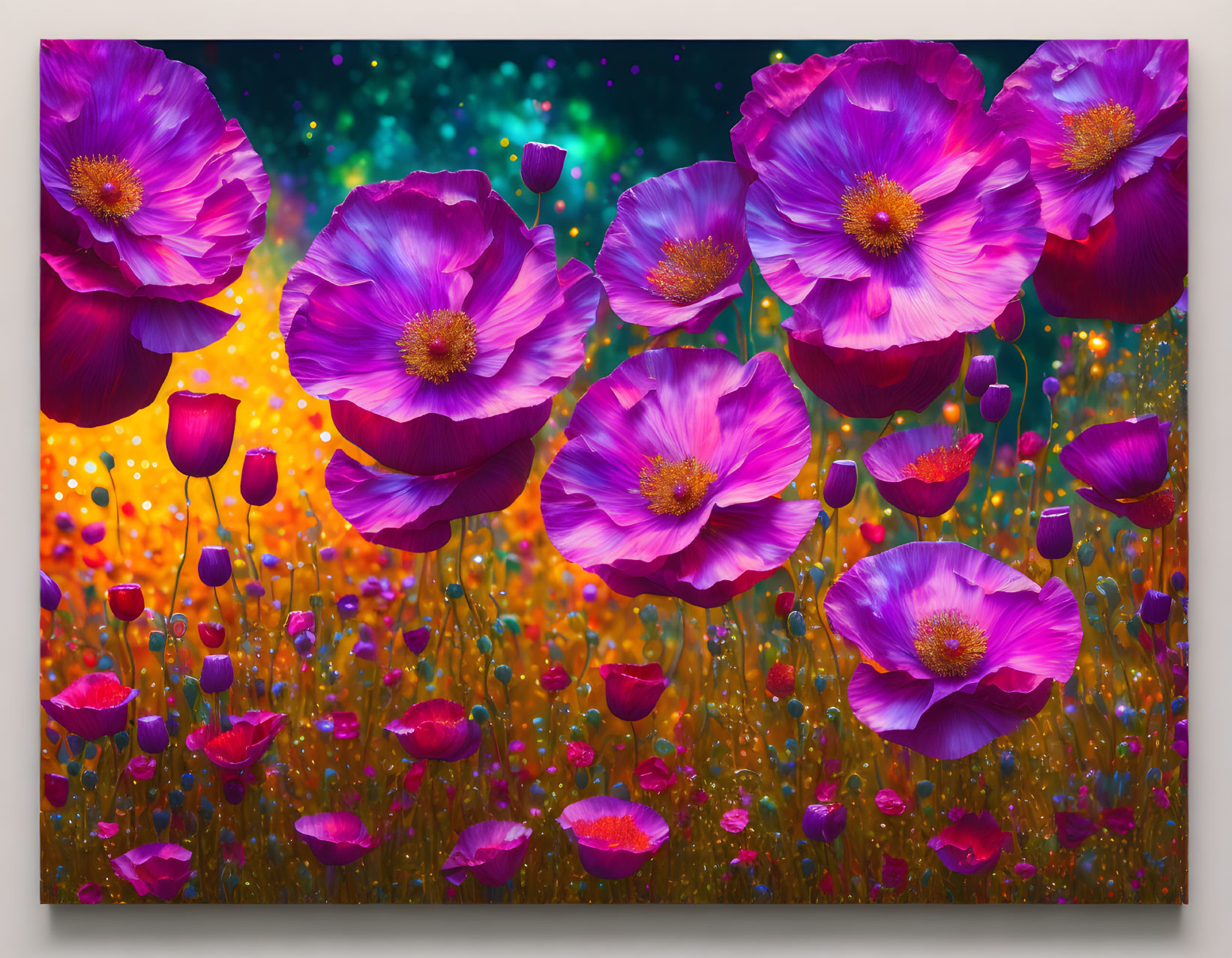 Colorful Purple Poppy Flowers on Multicolored Bokeh Background