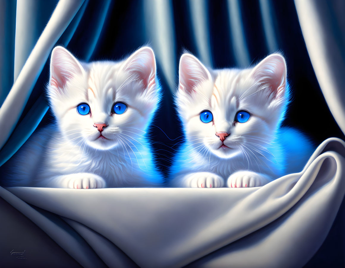 Adorable white kittens with blue eyes behind blue cloth