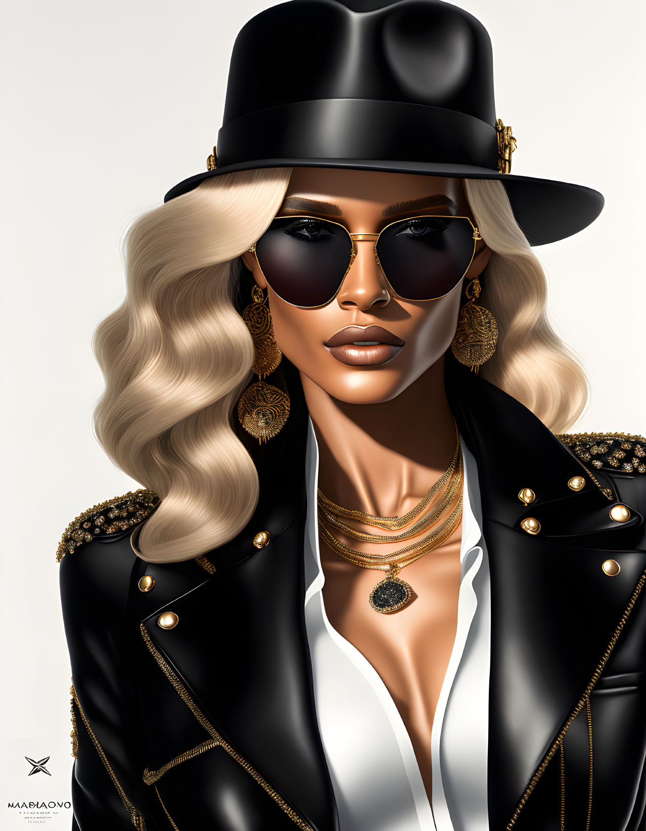 Stylized illustration of woman in black hat, sunglasses, and leather jacket