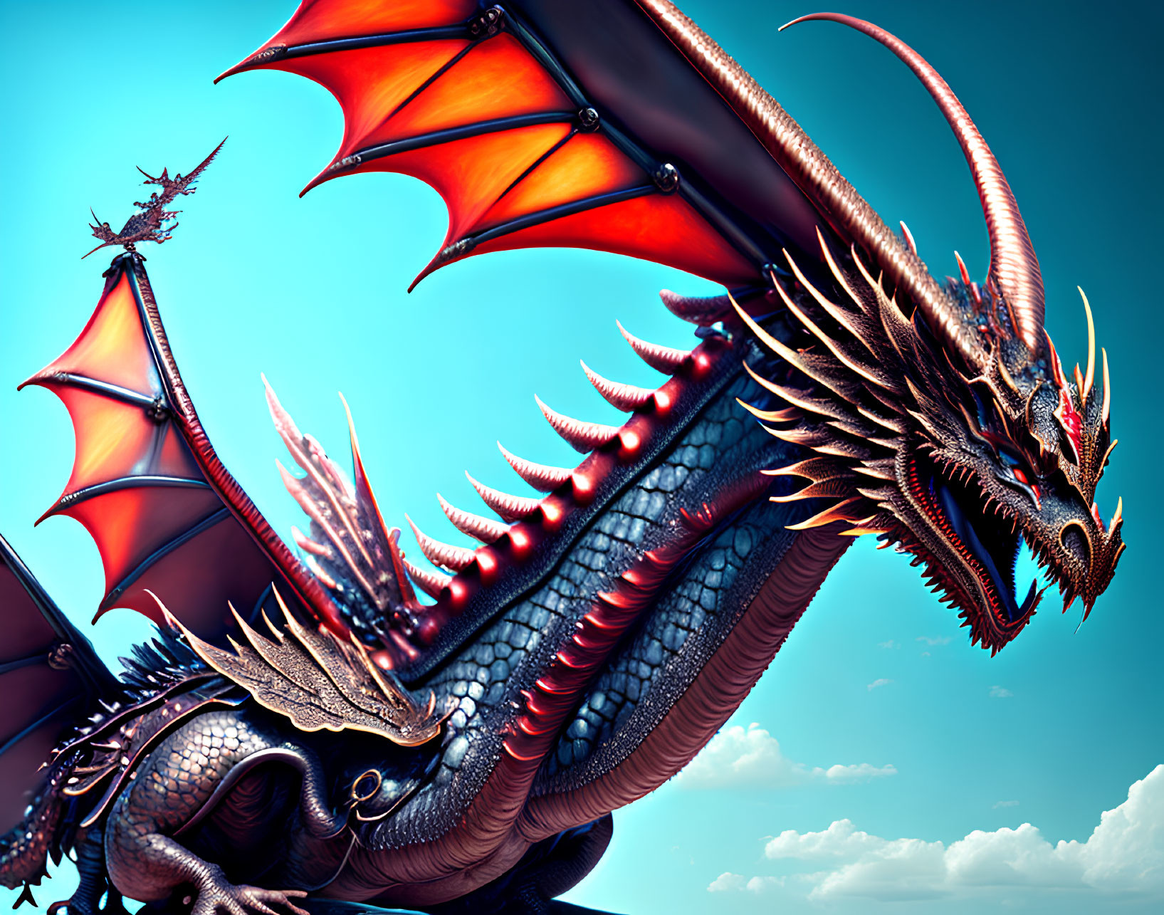Detailed depiction of majestic dragons with fiery wings in a bright sky