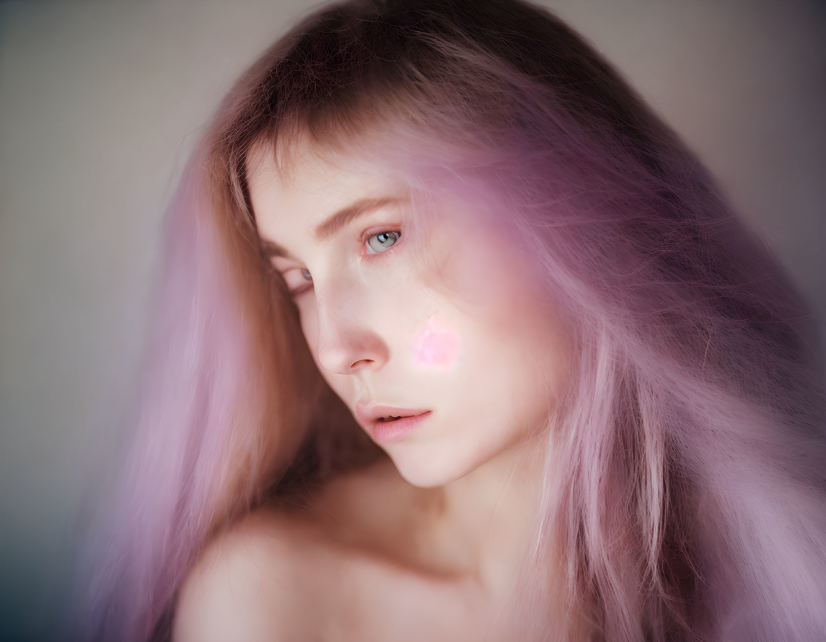 Portrait of person with pink hair and flower shadow on cheek gazes at camera