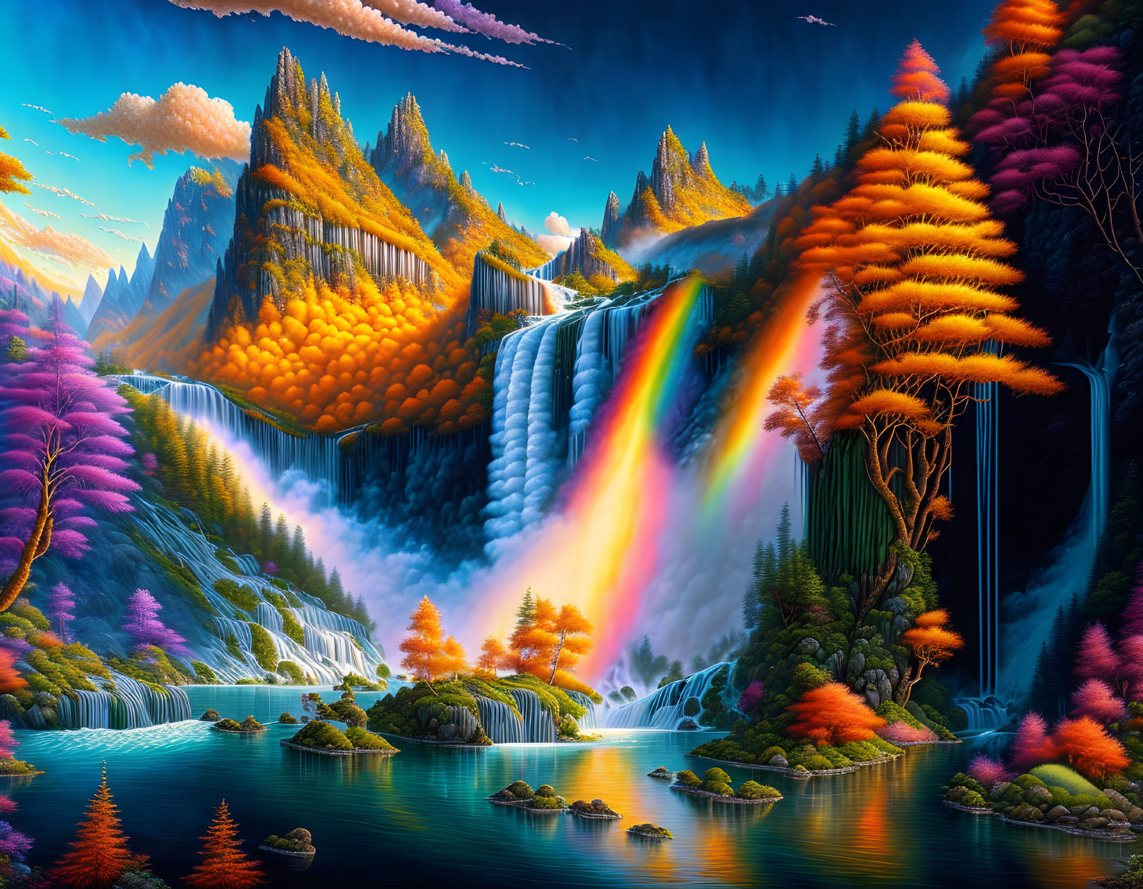 Scenic landscape with waterfalls, rainbow, autumn trees, mountains, and lake