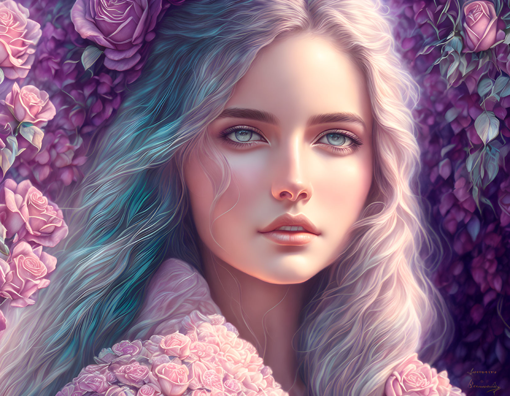 Digital artwork: Woman with green eyes, wavy hair, purple roses background