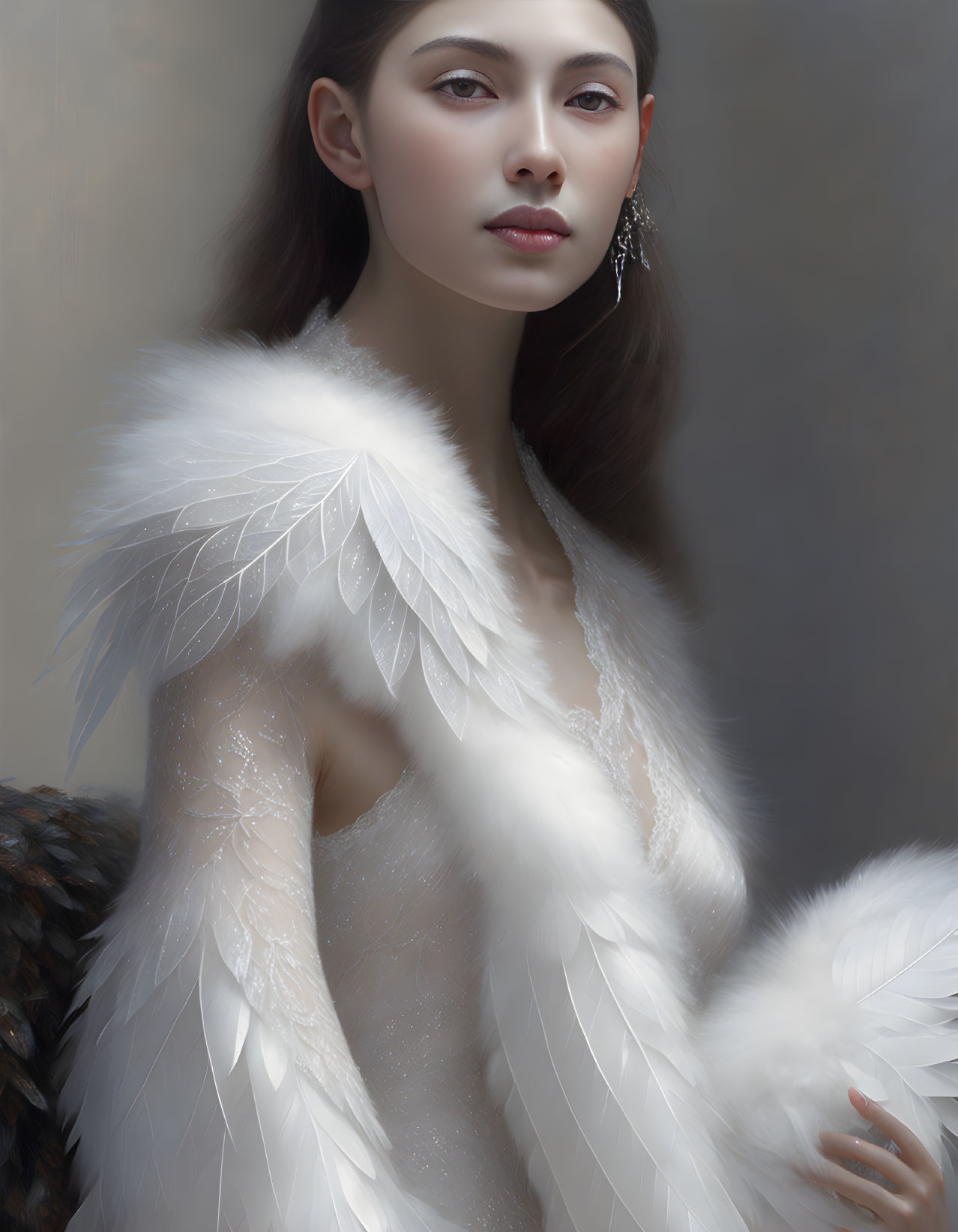 Woman in elegant feathered outfit with serene expression