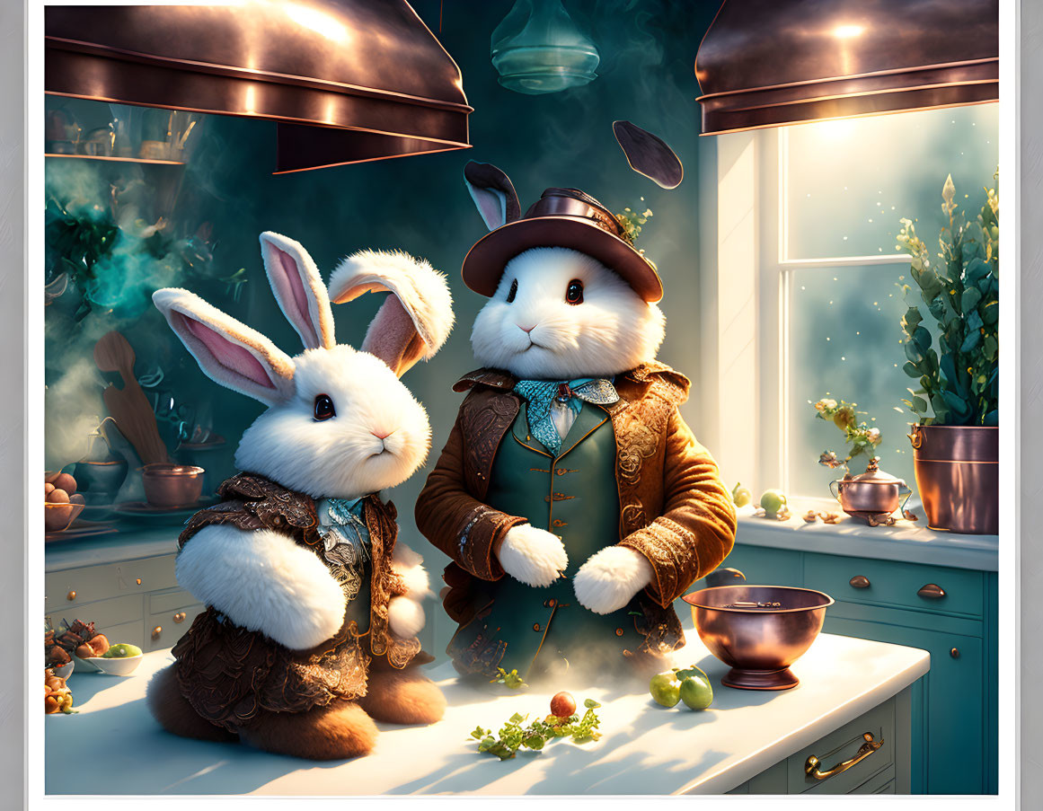 Victorian-themed anthropomorphic rabbits in cozy kitchen scene with potion ingredients