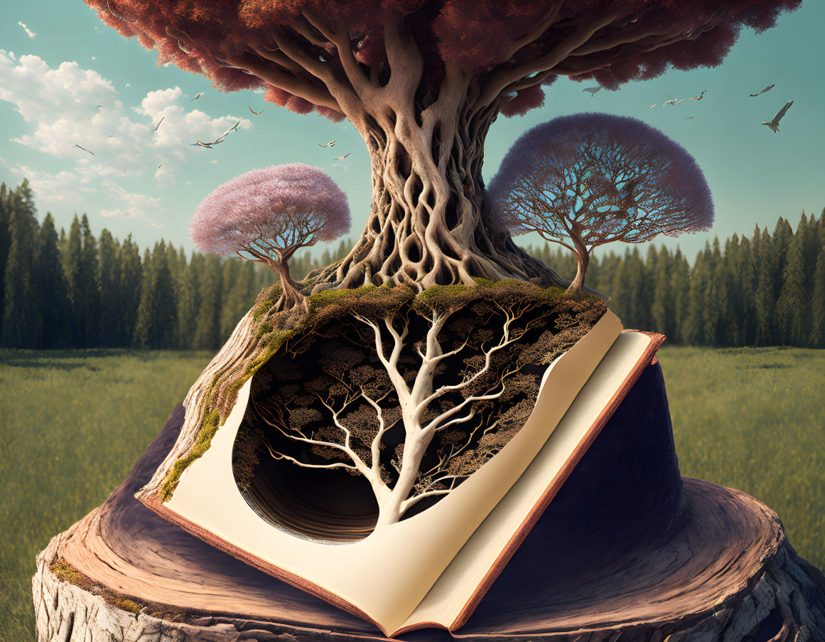 Open book on stump with tree growing, forest backdrop, birds in flight