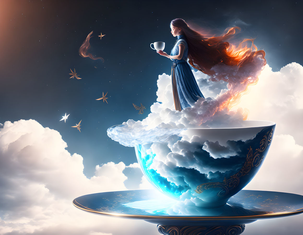 Woman standing on cloud-filled teacup in surreal sky scene