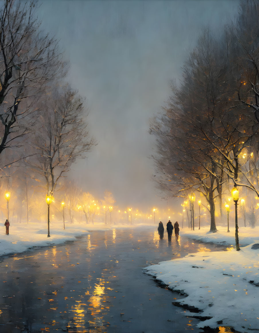 Snowy evening pathway with glowing street lamps and pedestrians in a serene scene.