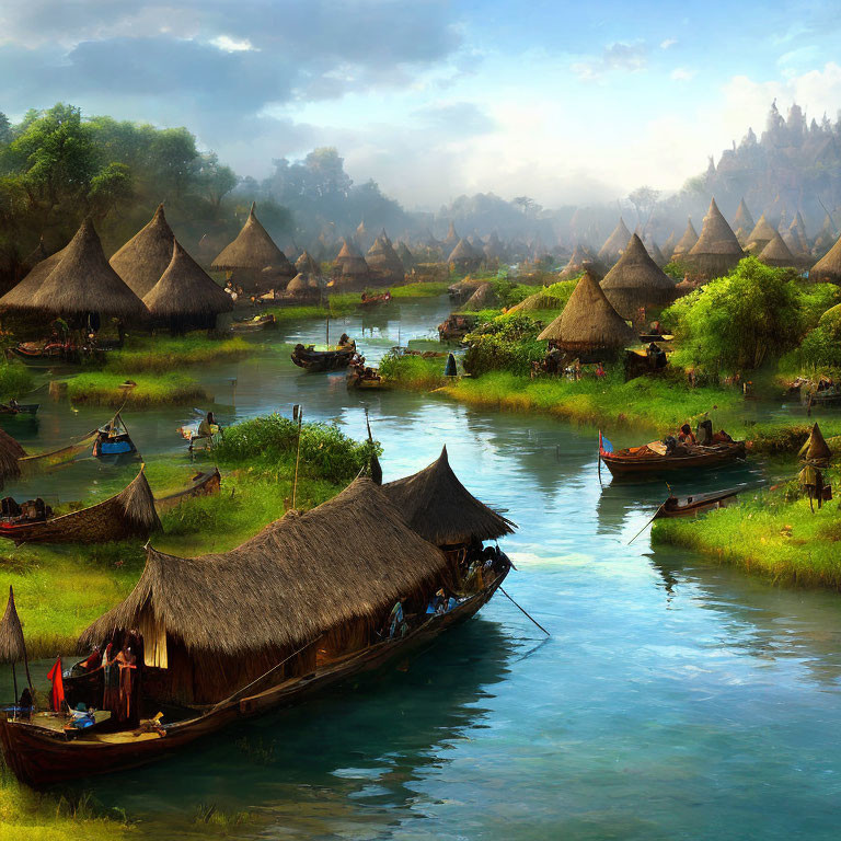 Tranquil River Village with Thatched Huts and Lush Greenery