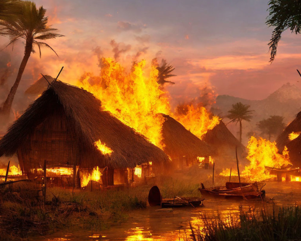 Thatched huts on fire by river at dusk, smoke, palm trees, boat