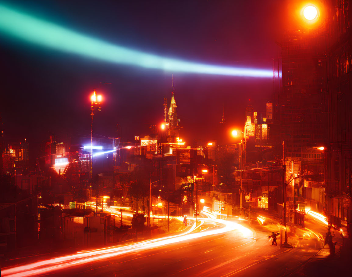 Vibrant night cityscape with neon lights and illuminated skyscrapers