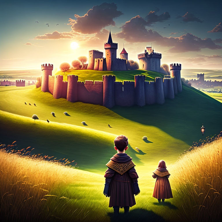 Boy and girl in field admire grand castle at sunset with sheep in pastoral landscape