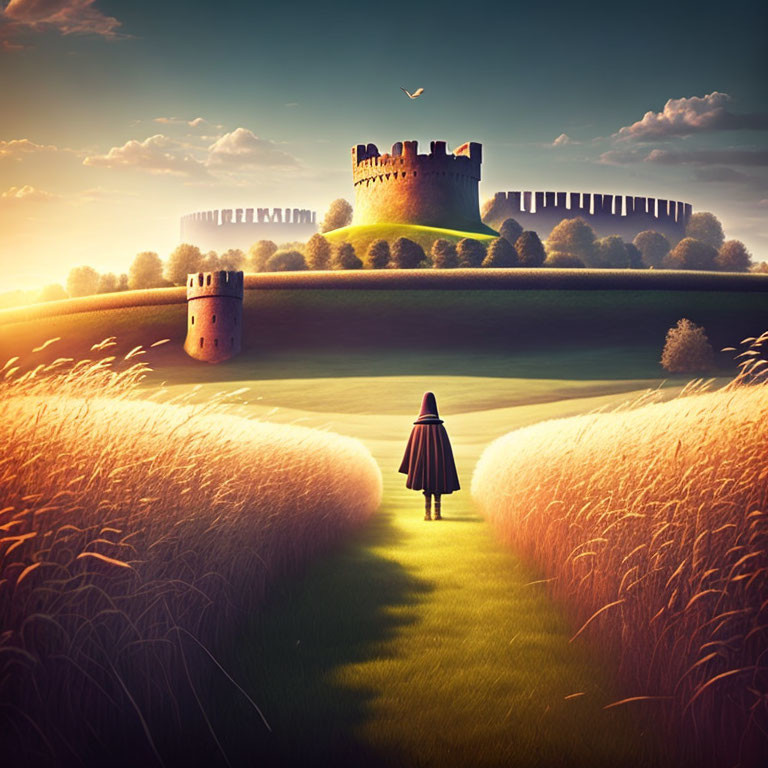 Person in red cloak approaching castle on grassy hill at sunset