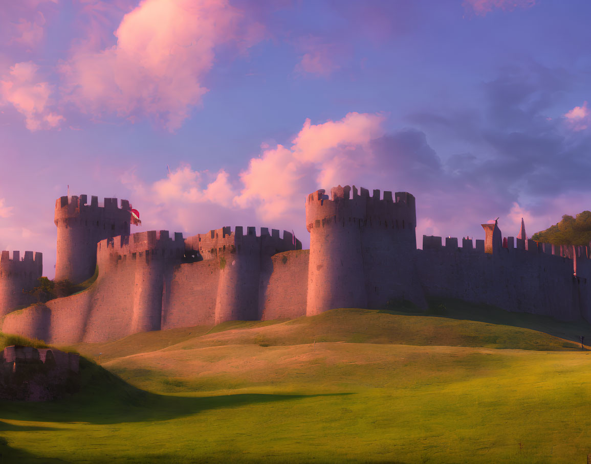 Medieval castle with stone walls and towers on green hill at sunset