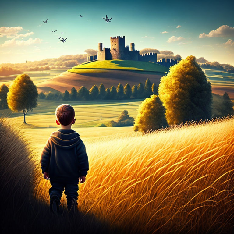 Child in golden field gazes at distant castle under sunlit sky