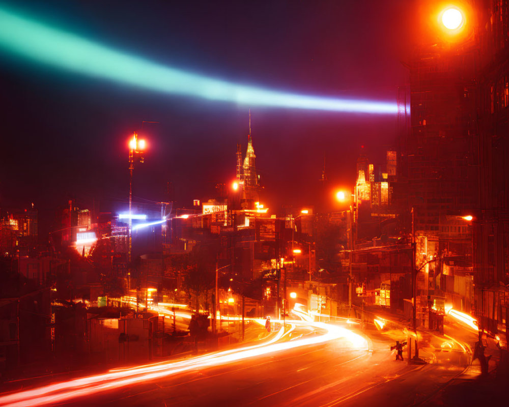 Vibrant night cityscape with neon lights and illuminated skyscrapers