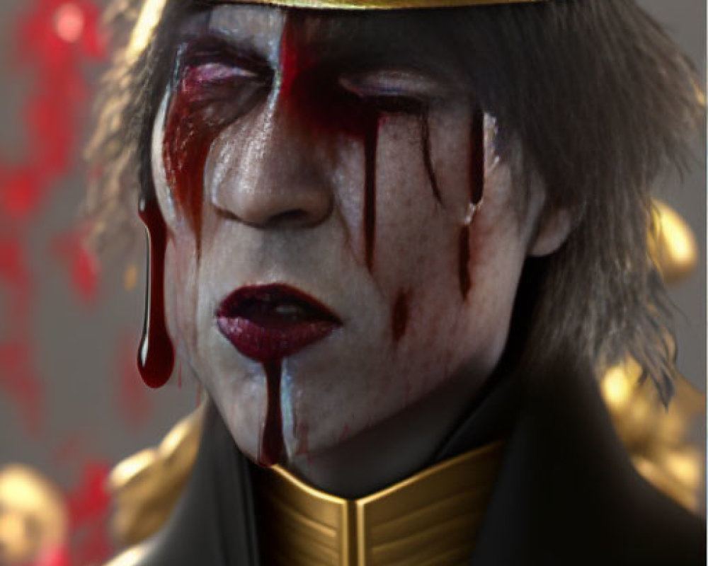 Regal figure in blood-stained regalia and golden crown.